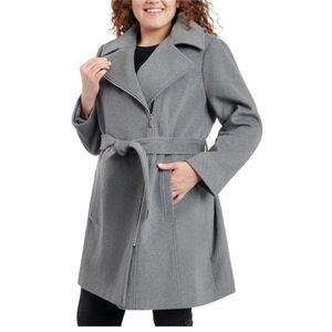 ADDITION ELLE wool blend Pea Coat fully lined pockets belted grey size XL